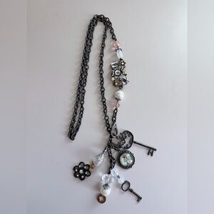 Plunder vintage 32" Necklace keys, charms, pink white faux Peals rhinestones